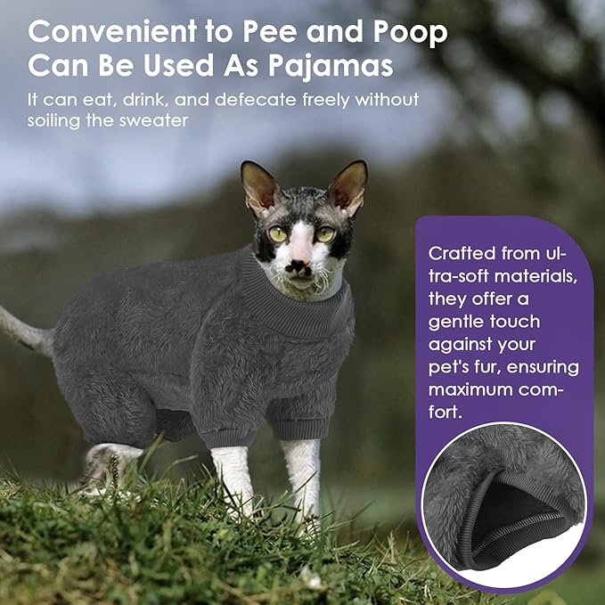 SUNFURA Sphynx Hairless Cat Sweater, Full Body Warm Fleece Sweaters with Sleeves for Cats, Soft Turtleneck Cat Clothes, Cozy Pullover Pajamas for Hairless Cats Devon, Donskoy & Small Dogs, Grey S