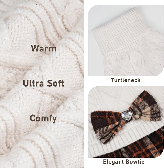 KYEESE Dog Sweater Warm Pullover Pet Coats Stretchy Turtleneck Pet Sweater Dress Thick Dogs Clothes with Bowtie Comfy Knitwear Dog Sweaters for Small Dogs Girl, White, X-Large