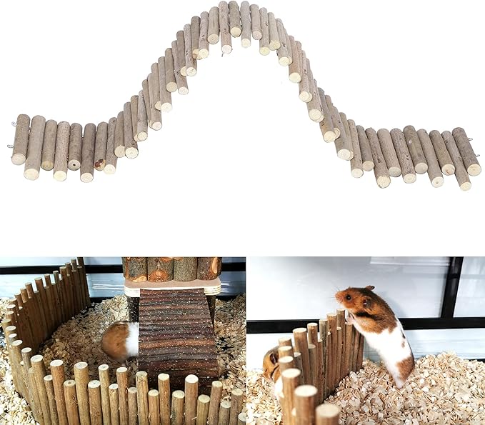 Hamster Bridge, Safe Chewable Hamster Ladder, Adjustable Wooden Chinchilla Cage Accessories Easy Install, Suitable House for Turtles, Rat, Lizards, Rodents, 11.8in