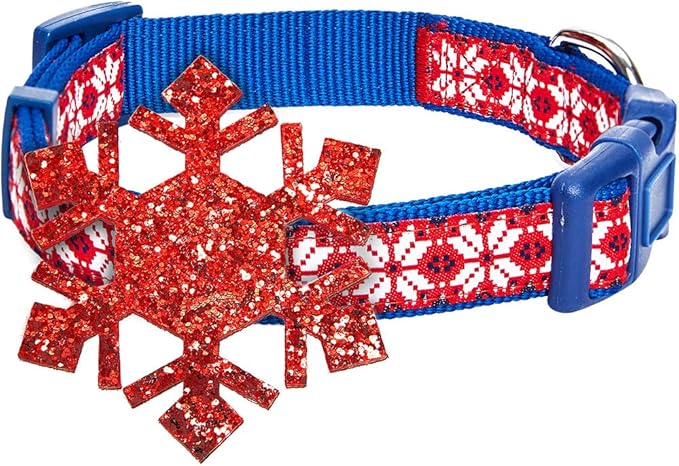 Blueberry Pet Small Christmas Dog Collar – Snowflakes Designer Collar with Bow, 12"-16" Neck, Eco-Friendly Glitter Décor for Holiday Pets