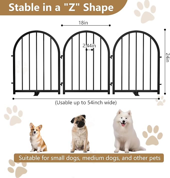 Full Metal Dog Gate for Indoor Outdoor, 24" Tall Free Standing Pet Dog Fence, 54" Wide Arched Pet Gates for Stairs, Hallways, Doorways, Kitchen, Decks, Yards (Black, 3 Panels)
