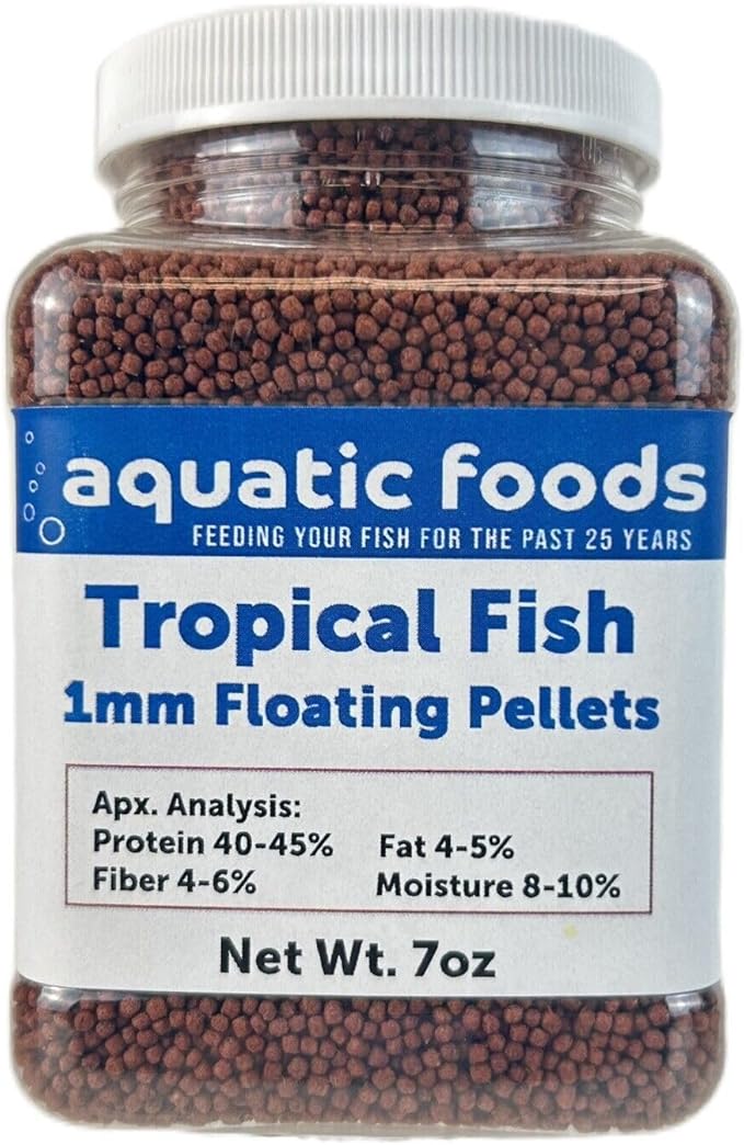 Aquatic Foods Inc. Tropical Fish 1mm - 1/32" Floating 40% Protein Pellets for Discus, Cichlids, Bettas, Guppies, Tetras, Live Bearers, Baby Koi, Smaller Tropical and Pond Fish...WL 7oz Sm Jar