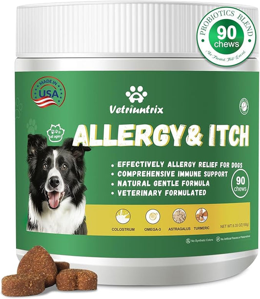 Dog Allergy Chews, Dog Itch Relief Chews for Paw Licking Itchy Skin Seasonal Allergies, Probiotics with Omega-3 Turmeric Astragalus for Large Dogs Coat Immune Supplement-90ct