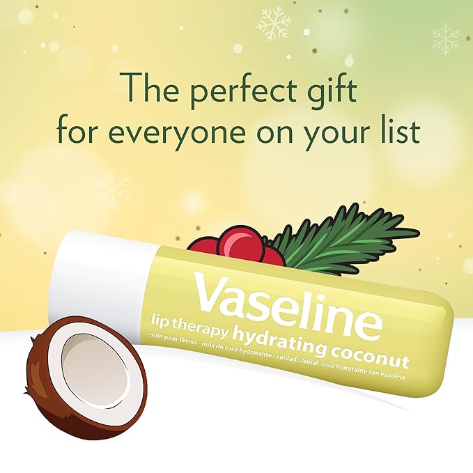 Vaseline Lip Therapy Holiday Edition Coconut Macaroon, Refreshing Hydration with Petroleum Jelly, 2 Pack with 4 Sticks, 0.16 oz Each