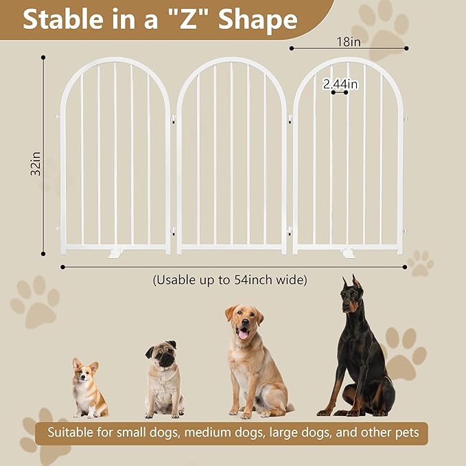 Full Metal Dog Gate for Indoor Outdoor, 32" Tall Free Standing Pet Dog Fence, 54" Wide Arched Pet Gates for Stairs, Hallways, Doorways, Kitchen, Decks, Yards (White, 3 Panels)