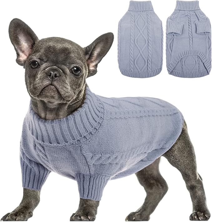 Queenmore Small Dog Pullover Sweater, Cold Weather Cable Knitwear, Classic Turtleneck Thick Warm Clothes for Chihuahua, Bulldog, Dachshund, Pug, Yorkie (Grey, Medium)