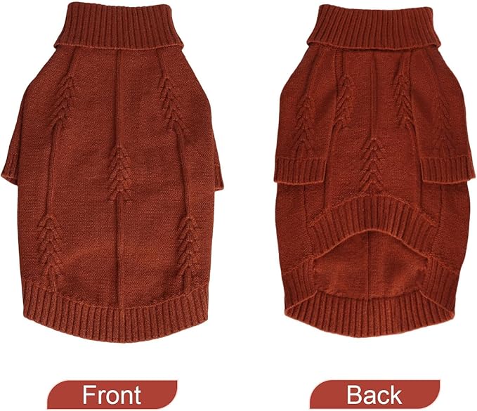 DELIFUR Long Sleeve Sweater - Knitted Turtleneck Knitwear Warm Coat With Classic Cable Fall Winter Clothes for Small Dogs (Brick Red, Large)