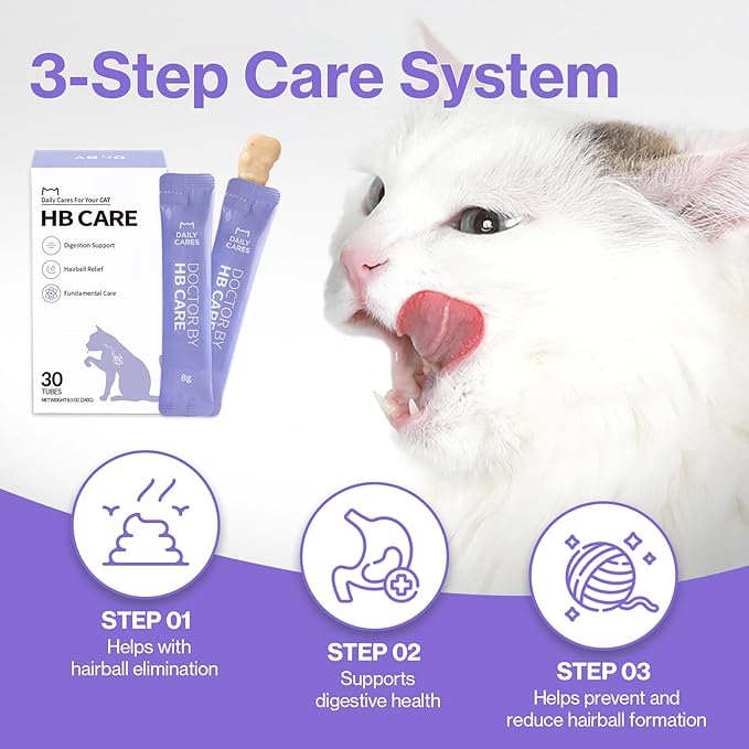Doctor By HB Care Cat Hairball Supplement-Hairball Treatment for Cats Furball Control Relief Remedy & Digestive Support with Omega-3, Chitosan lickable Formula Individuallly Packaged (1Pack, 30 Count)