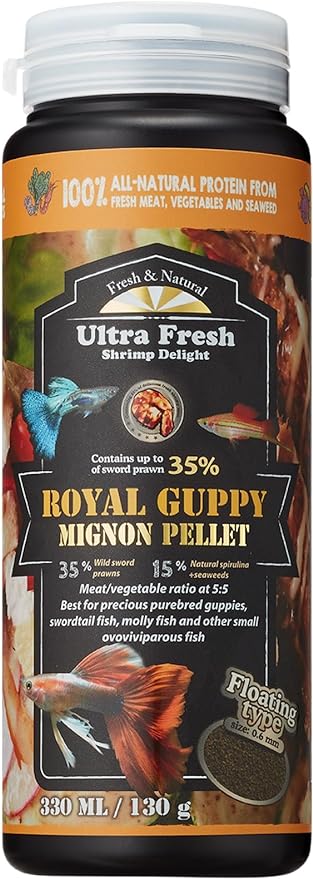 Ultra Fresh Royal Guppy Mignon Pellet, All Natural Guppy Food, Sword Prawns, Spirulina, Seaweeds, Highly Nutritious, for Cleaner Water and More Vibrant Color 4.6 oz