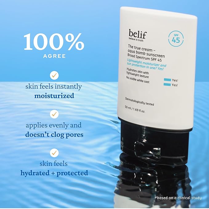 belif Aqua Bomb SPF 45 Hydrating Niacinamide Sunscreen (1.69 fl. oz) - The True Cream PA++++, Daily Broad Spectrum, No White Cast, Weightless & Invisible, Non-Greasy, Korean Skincare | Hydrating, Niacinamide, The True Cream, PA++++, Daily Broad Spectru...