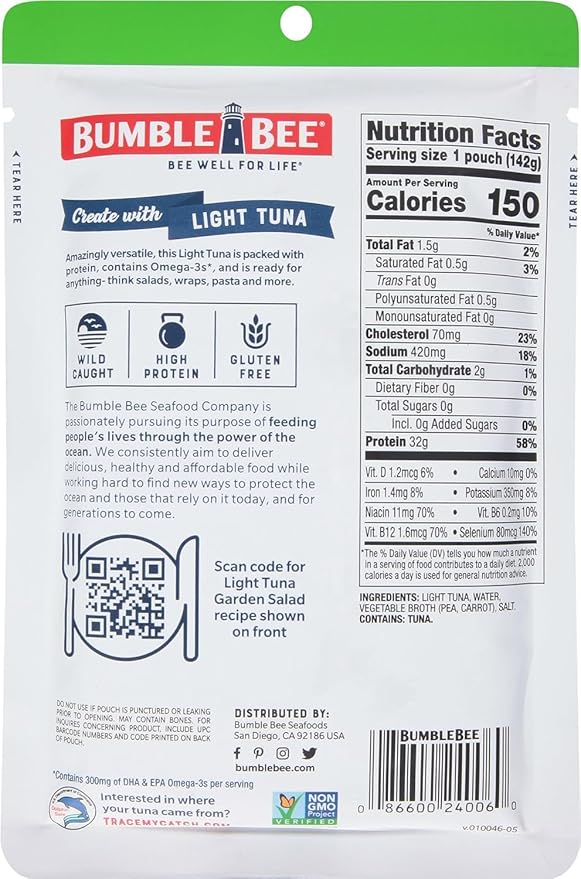 Bumble Bee Chunk Light Tuna in Water, 5 oz Pouches (Pack of 12) - Ready to Eat Wild Caught Skipjack Tuna Packet - 32g Protein per Pouch - MSC Sustainable Seafood, Non-GMO, Gluten Free, Kosher