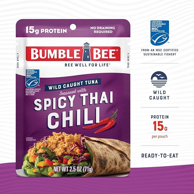 Bumble Bee Seasoned Tuna Pouch Favorite Flavors Bundle (4 Total Pouches) - Lemon & Pepper Tuna, Applewood Smoke Tuna, Spicy Thai Chili Tuna, and Jalapeno Tuna - Ready to Eat 2.5 oz Packets