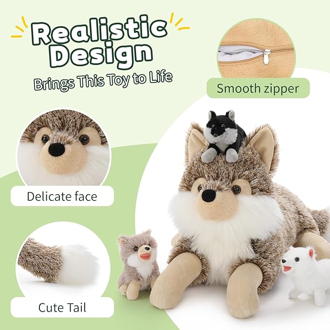 4Pcs Wolf Stuffed Animals Set, Grey Mommy Wolf Plush 20 Inch with 3 Baby Wolves, Realistic Wolf Toys for Wolf Lover Party Favors, Gifts for Boys Girls Birthday