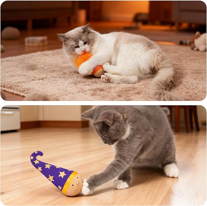 Lulu's world Wooden Interactive Cat Toy with Catnip - Niuniu Tumbler Wobble Toy for Indoor Cats, Self-Righting Chaser with Orange Feather (Pink)