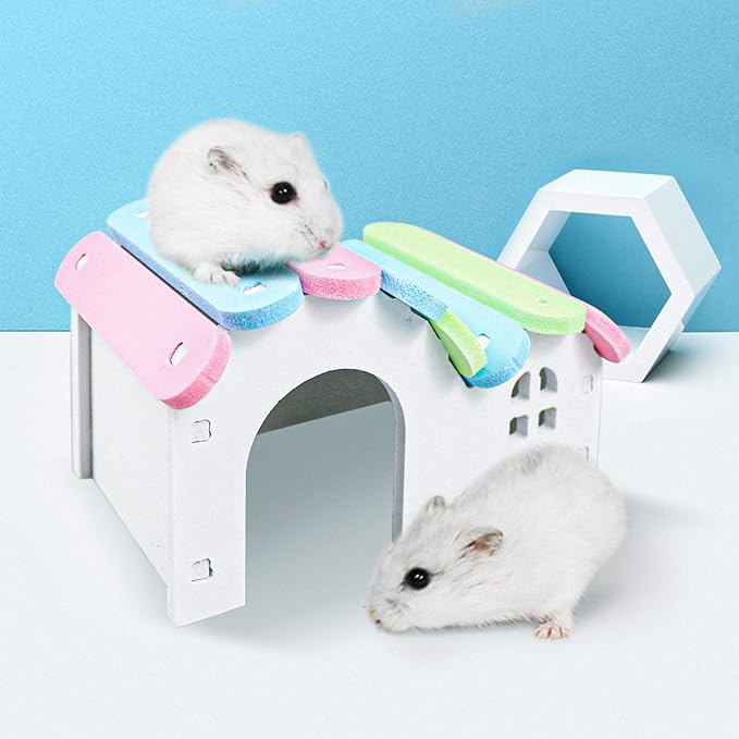 Roundler Dwarf Hamsters House DIY Wooden Gerbil Hideout Rainbow Bridge Swing and Pvc Seesaw, Suitable for Small Animal Habitat, style-1