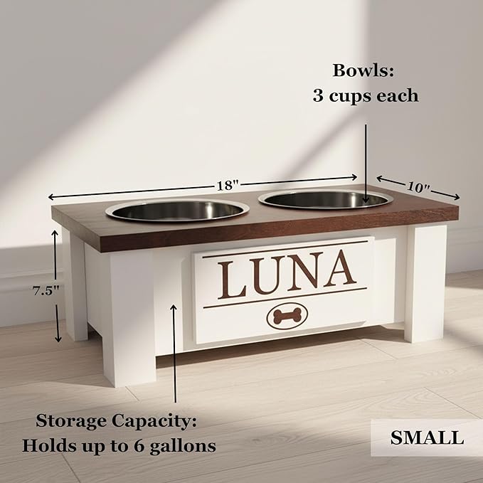 GTW Personalized Elevated Dog Bowl Stand for Large, Medium, Small, X-Small Dogs - Stainless Steel Food and Water Bowls - Raised Dog Dish with Internal Storage (Small, Blue)