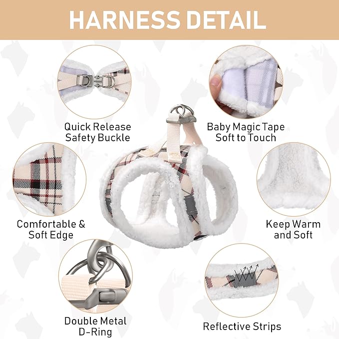 GAMUDA Small Dog Harness Collar and Leash Set, Step in No Chock No Pull Soft Mesh Adjustable Dog Vest Harnesses Plaid Reflective for Dogs Puppy Cats Kitten Rabbit (Warm Beige, L)