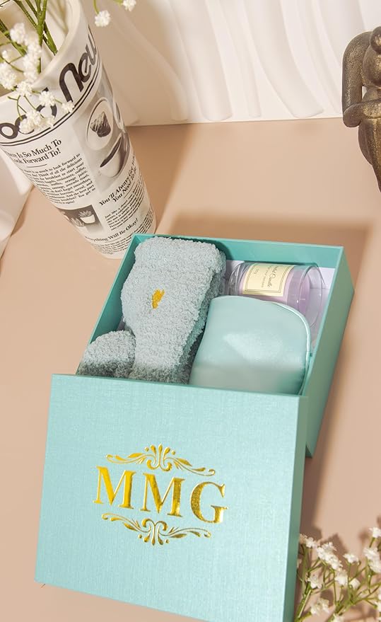 Spa Gift Set for Women – Relaxation Gift Box with Candle, Fuzzy Socks, Satin Eye Mask – Spa Kit for Birthday, Thank You, Bridesmaid, Holidays (Aqua Blue)