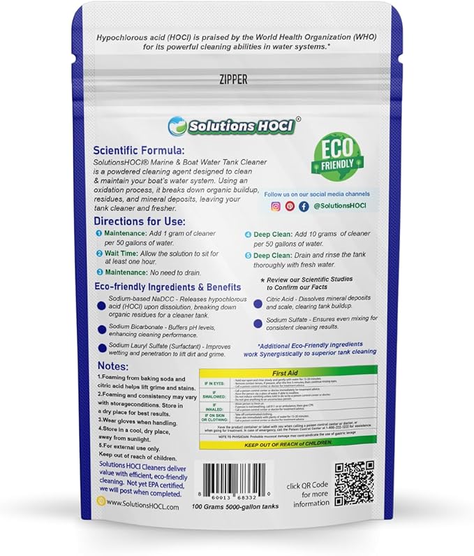 Solutions HOCL Marine & Boat Water Tank Cleaner – Eco-Friendly Powder for Black Tank Treatment Marine Water Tank Cleaning Biofilm & Odor Removal – 100G