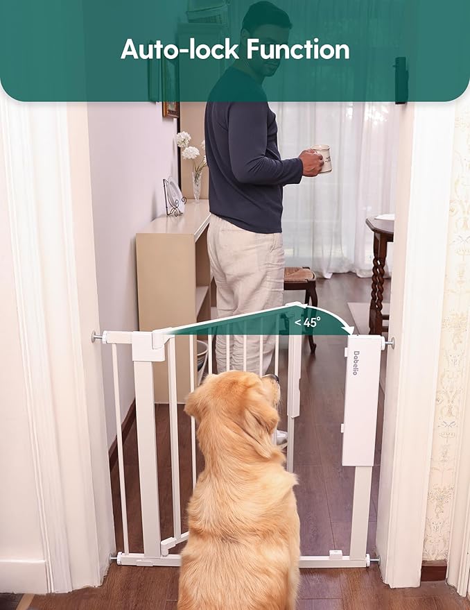 Babelio Smart Infrared Auto-Unlock Baby Gate for Doorways & Stairs, Auto Close Dog/Pet Gates for House, Pressure Mounted | Easy Install | No Drilling | Walk Thru Door (White, 30.3-47.2" W, 30" H)