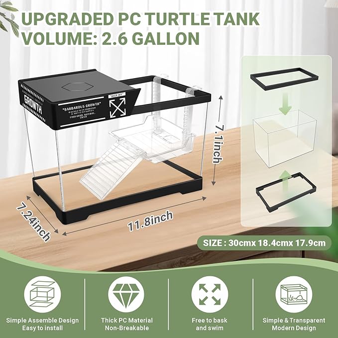 GOZILLA Mini Aquatic Turtle Tank Kit with Adjustable Lamp,PC Turtle Tank Starter Kit,Small Hermit Crab Tanks with Lid, Hanging Platform for Baby Turtles,Crabs,Fish.(11.8×7.24×7.1''/Black Kit)
