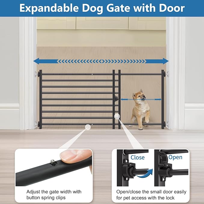 Malier Indoor Dog Gate with Door, 26-41" Extra Wide Full Metal Pet Gate Short Dog Gate for Stairs, Pressure Mount 20'' Tall Small Puppy Gate, Easy Step Over Low Gate for Doorways