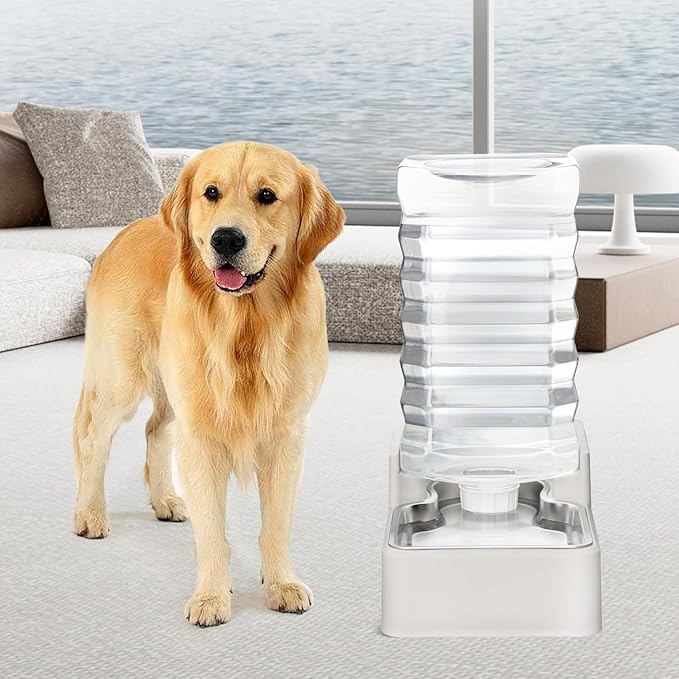 RIZZARI Stainless Steel Pet Water Feeder: 9.5L Beige Automatic Leak-Proof Gravity Dispenser - Without Filter - for 40-80 LB Senior Dogs with Arthritis - Garage Kitchen Use