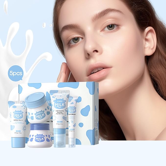 Milk Skincare Set Teen Women Beauty Gifts Set, Milk Skin Care for Girls 10-12 Hydrating, 5PCS Skincare Essentials Kit for Women with Eye Cream, Cleanser, Face Cream, Sunscreen, Cream