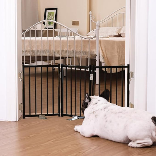 No Pawblems Free Standing Short Dog Gate, 16.5'' Tall Foldable Dog Fence for Indoor & Outdoor, Up to 36 Inch Extra Wide Puppy Gate for Stairs, Hallways, Doorways, Deck, Yard (Black, 3 Panels)