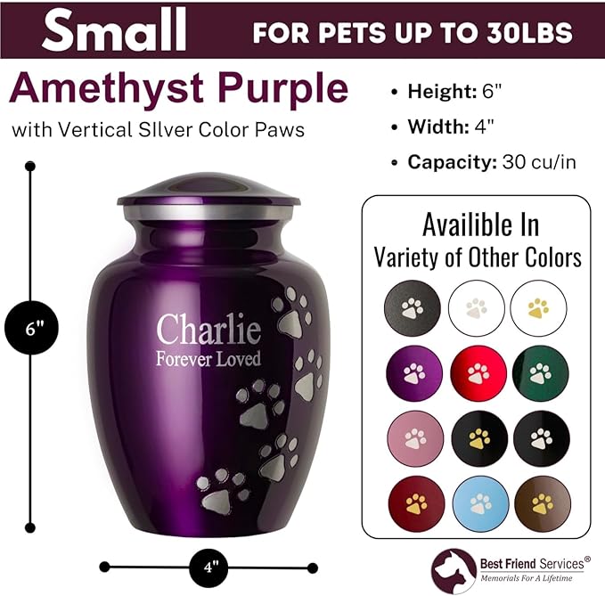 Pet Urn for Dogs and Cats with Personalized Laser Engraving, Ottillie Paws Premier Series Memorial Urns (Small Amethyst Purple with Vertical Pewter Paws)