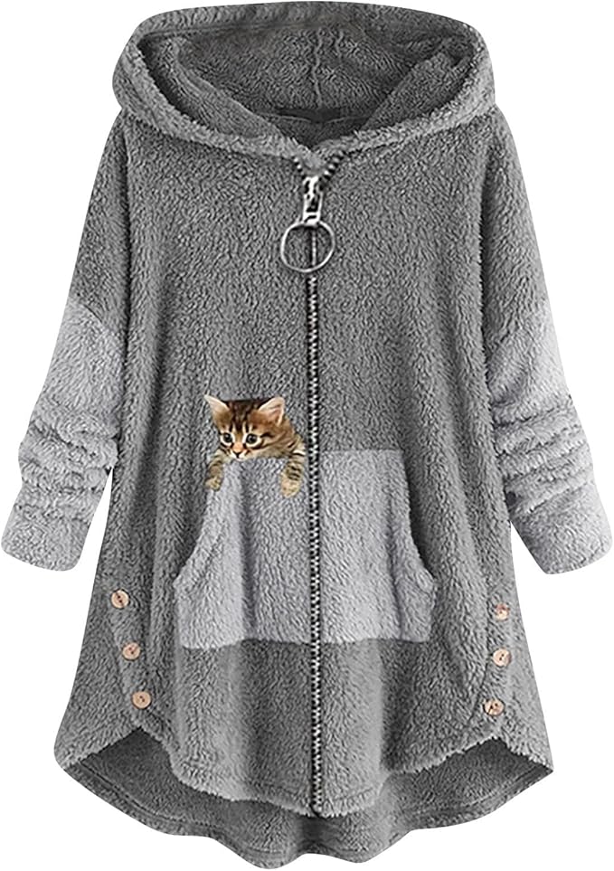 Akivide Women's Oversized Zip Up Sherpa Hoodie Fuzzy Fleece Jacket Cat Kitty Print Lightweight Faux Shearling A Line Coat