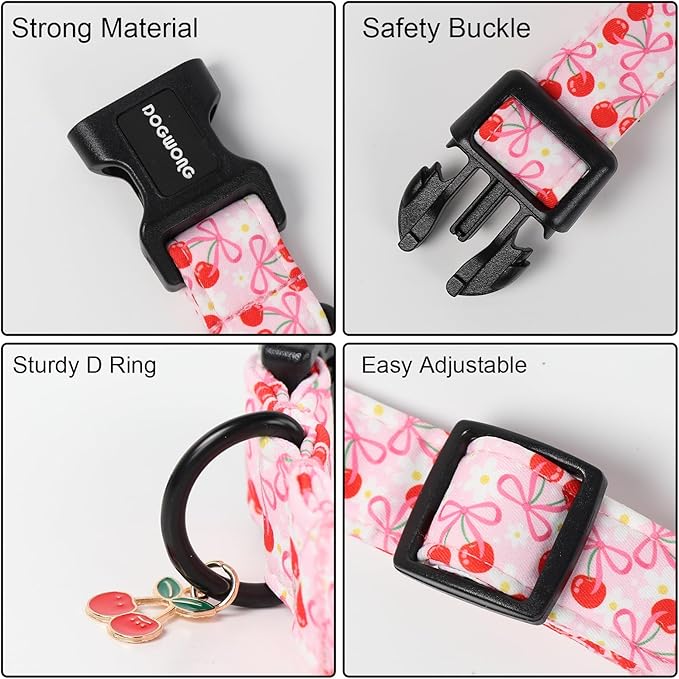 DOGWONG Pink Dog Collar- Cute Cherry Flower Dog Collars Adjustable Girl Female Dog Collar for Small Dogs, S