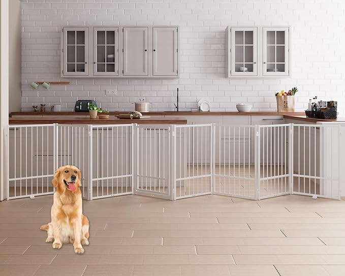 8 Panels Full Metal Freestanding Dog Gates with Door, 160” W x 32” H Folding Pet Gate Fence with Support Feet for Indoor,Stairs, Hallways and Doorways(White)