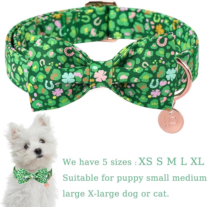 St. Patrick's Day Dog Collar with Bow Tie, Spring Shamrock Bowtie Collar for Girl Boy Dog, Lucky Clover Dogs Collars with Metal Buckle, Green Collars for Dogs, XS, Neck 8-12in