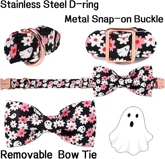 Unique style paws Cotton Dog Collar with Bow Autumn Puppy Collar with Halloween Ghost Flower for Small Medium Large Boys Girls Dogs
