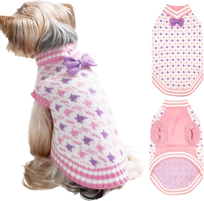 Samll Dog Sweaters Girl Pet V-Neck Christmas Halloween Dog Sweater Knit for Pomeranian Bichon Frise Pug Cold Weather Outfit Pet Formal Dress Cat Sweater (Pink，L)