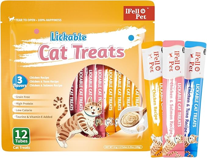 Cat Treats Lickable, Variety Pack - Lickable Cat Treats Squeeze Up, with Tuna, Salmon, Chicken Flavor, Grain-Free for Skin & Coat Support, 0.53 oz(Pack of 12)