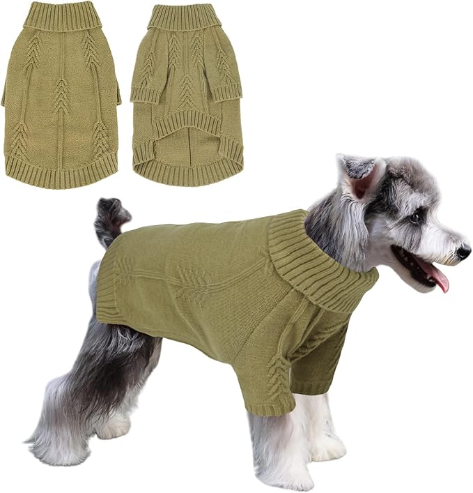 DELIFUR Dog Long Sleeve Sweater - Knitted Turtleneck Dog Knitwear Warm Dog Coats with Classic Cable Fall Winter Clothes for Small Dog (Green, Medium)