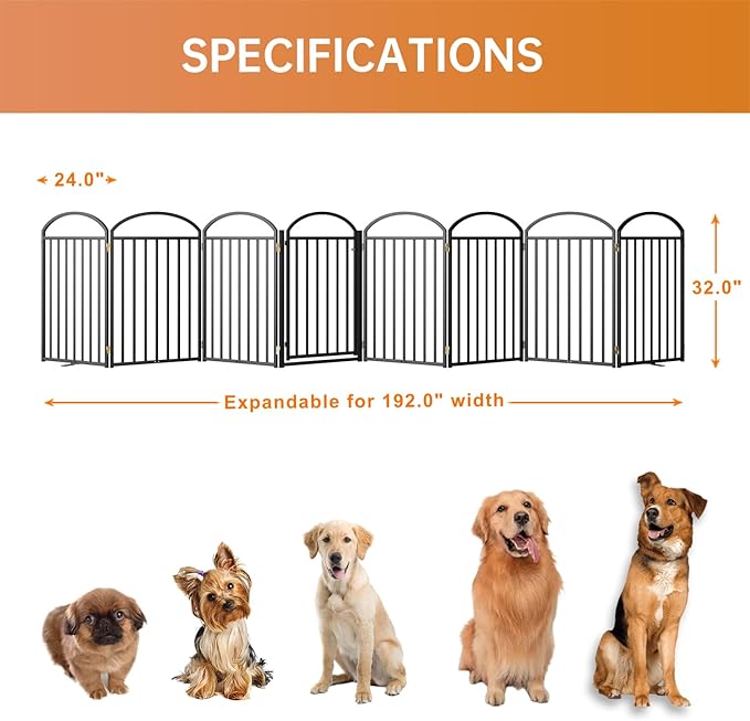 8 Panels Full Matel Freestanding Dog Gates with Door, 192"Extra Wide 32"Tall Free Standing Dog Pet Gate for Indoor & Outdoor. Foldable Pet Fences for Doorways, House, Stairs, Porch, Deck, Yard