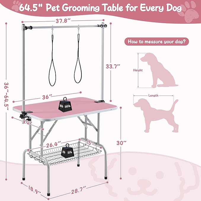 Yaheetech 36'' Pet Grooming Table for Dogs Adjustable Height Portable Trimming Table Drying Table w/Arm/Noose/Mesh Tray Maximum Capacity Up to 265Lb, Pink