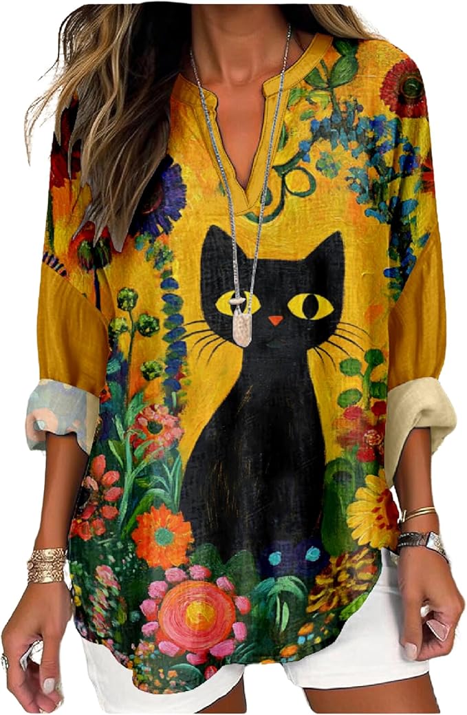 MARSVOVO Cat Shirts for Women Long Sleeve Cute Cat Pullover Graphic Novelty V Neck Blouse Oversized Funny Tunic Tops