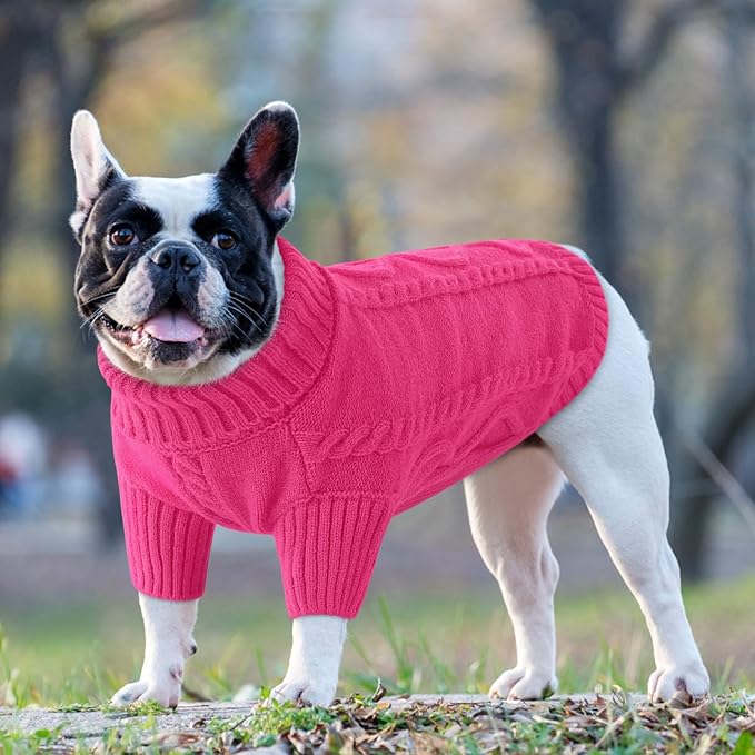 Queenmore Small Dog Pullover Sweater, Cold Weather Cable Knitwear, Classic Turtleneck Thick Warm Clothes for Chihuahua, Bulldog, Dachshund, Pug (Fuchsia, Small)