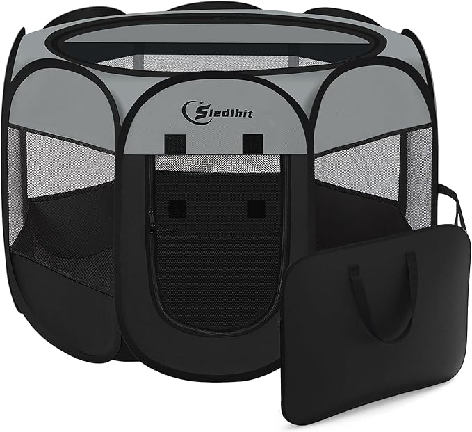 Dark Grey Puppy Playpen for Large Dog Cat, Dogs Tent Crates Cage Indoor/Outdoor, Portable Pop Up Dog Kennel with Carrying Bag for Rabbits, (Dark Grey, Large)