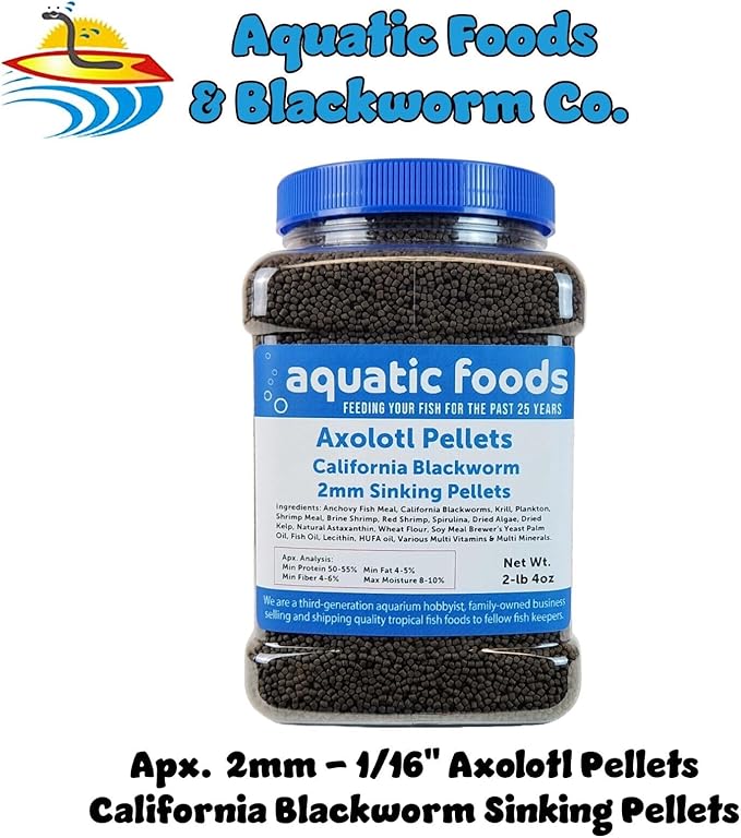 Aquatic Foods Inc. Axolotl Blackworm Pellets. 2mm-1/16 Sinking California Blackworm Small Pellets for Small Axolotl, Frogs, Shrimp, Salamanders, Newts, Snails…2-lbs 4oz Jar