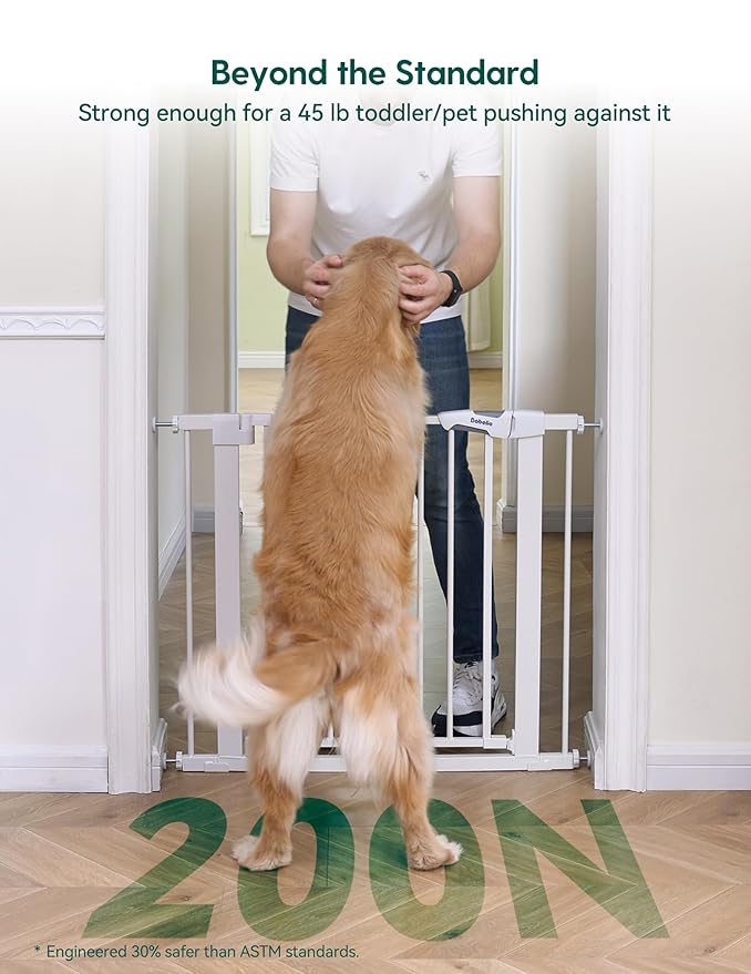 Babelio Metal Baby Gate, 29-48“ Auto Close Easy Install Pet Gate, Extra Wide Walk Thru Child Safety Gate, Pressure Mounted Dog Gate for Doorways & Stairs, with Y Spindle Rods, White