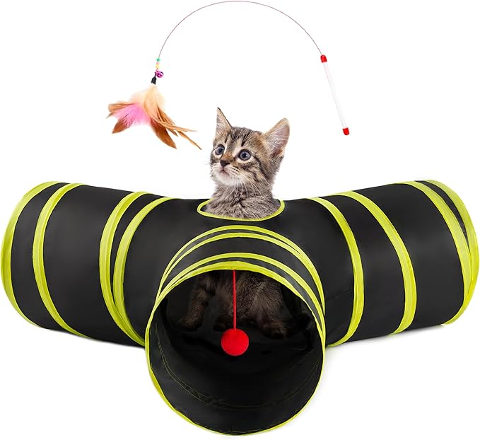 Love's cabin Cat Tunnels for Indoor Cats, Cat Tube Toys 3 Way Collapsible, Pet Play Tunnel with Peek Hole Toy Ball for Kitty, Kitten, Rabbit, Black&Yellow, Small Size (23.6"X13"X11")