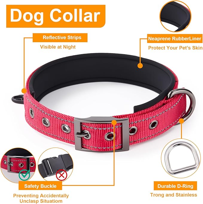 Annchwool No Pull Dog Harness,Heavy Duty Reflective Collar & Leash Set-Leash with Double Handle & Car Seatbelt Clip-Easy Control for Walking Training Medium Large Size Dogs(Red,XL)