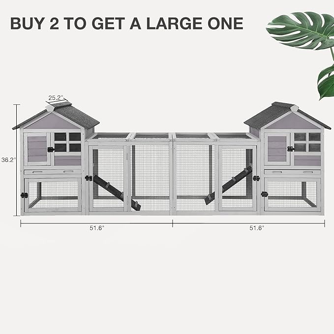 Rabbit Hutch Indoor Outdoor Bunny Cage with 5 Access Doors, Run, Pull-Out Deeper Leakproof Tray and Waterproof Roof