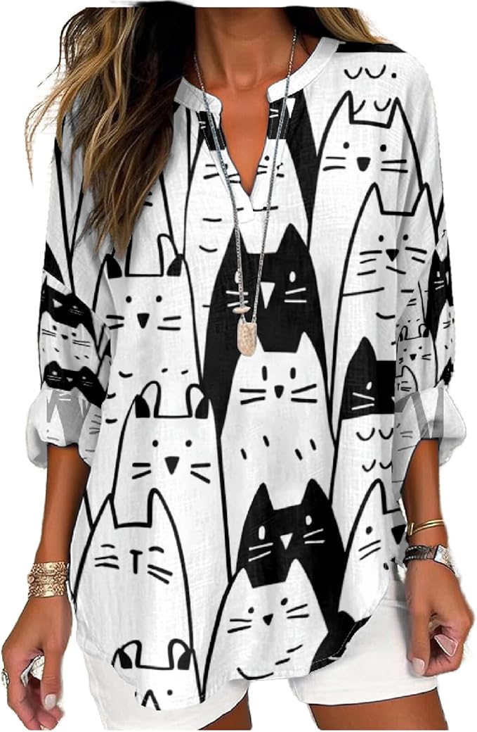 MARSVOVO Cat Shirts for Women Long Sleeve Cute Cat Pullover Graphic Novelty V Neck Blouse Oversized Funny Tunic Tops