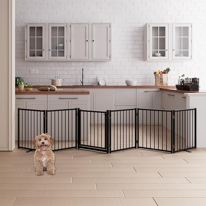 6 Panels Full Metal Freestanding Dog Gates with Door, 120” W x 24” H Folding Pet Gate Fence with Support Feet for Indoor,Stairs, Hallways and Doorways(Black)